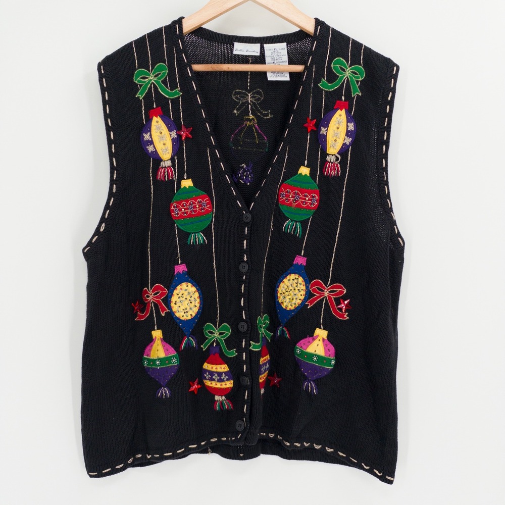 Vintage Christmas Vest Women XL Black Embroidered Ornament 90s Granny Retro Ugly